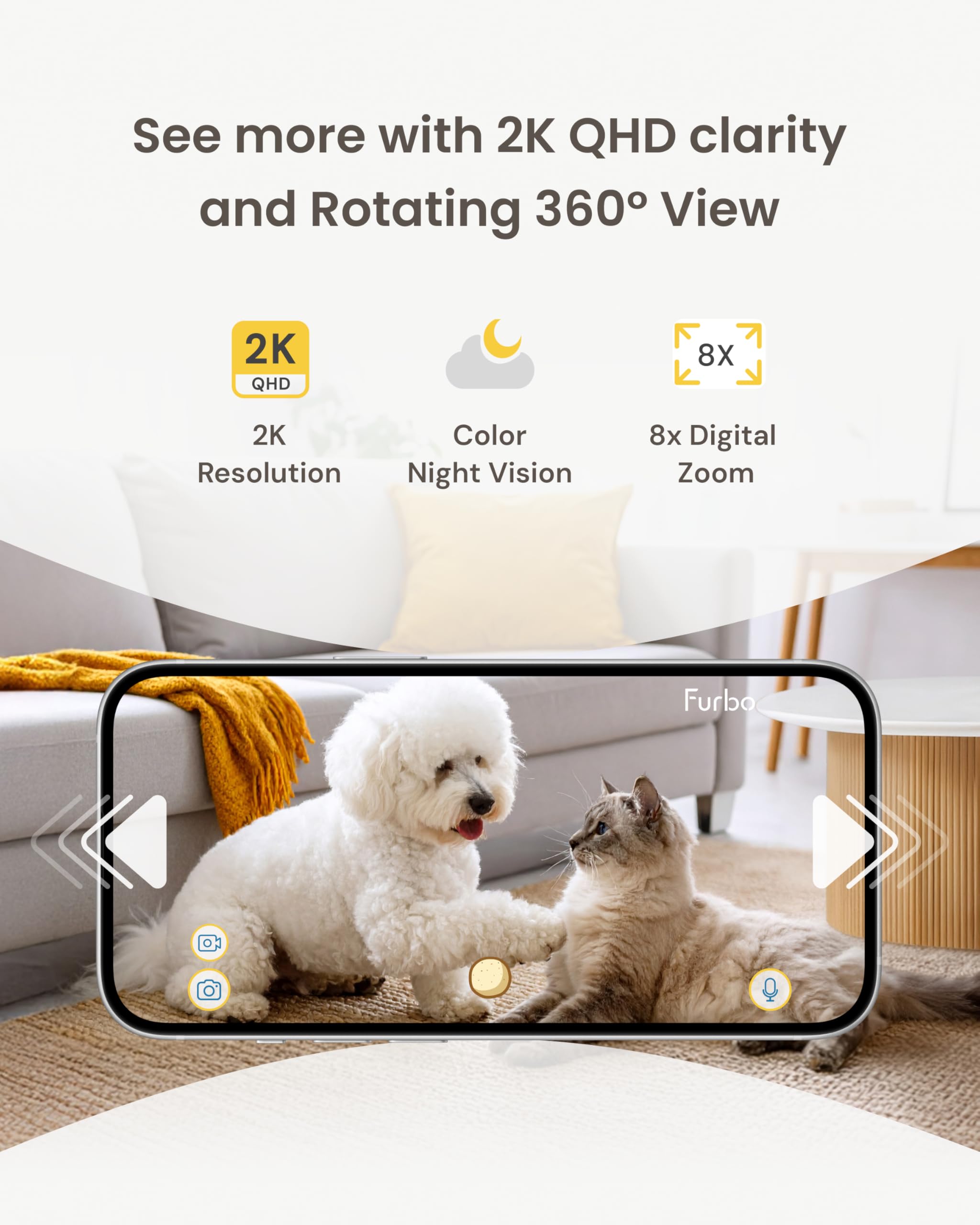 Furbo Mini Pet Camera Home Security Package [PREMIUM W/SUBSCRPITION]: Pet Monitor w/Phone App, Colour Night Vision, 2-Way Audio, Barking or Meowing Alerts, Designed for Dogs or Cats, Indoor Cam