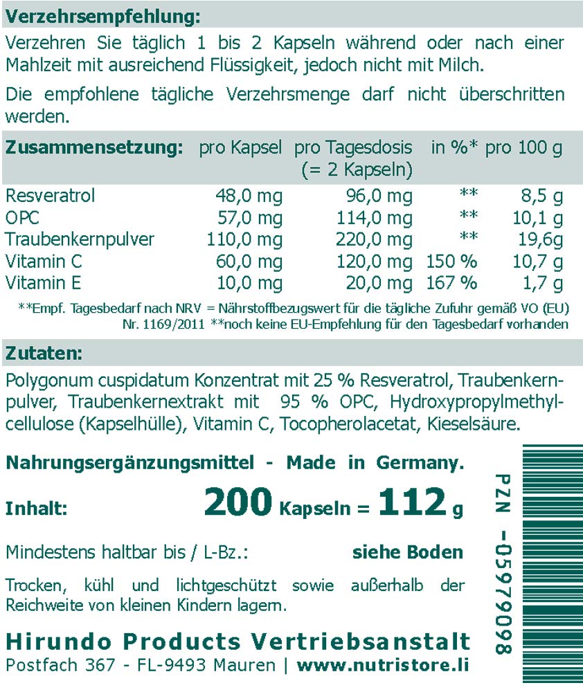 Resveratrol plus OPC vegane Kapseln 200 Stk. mit Traubenkernpulver und die antioxidativen Vitamine C und E