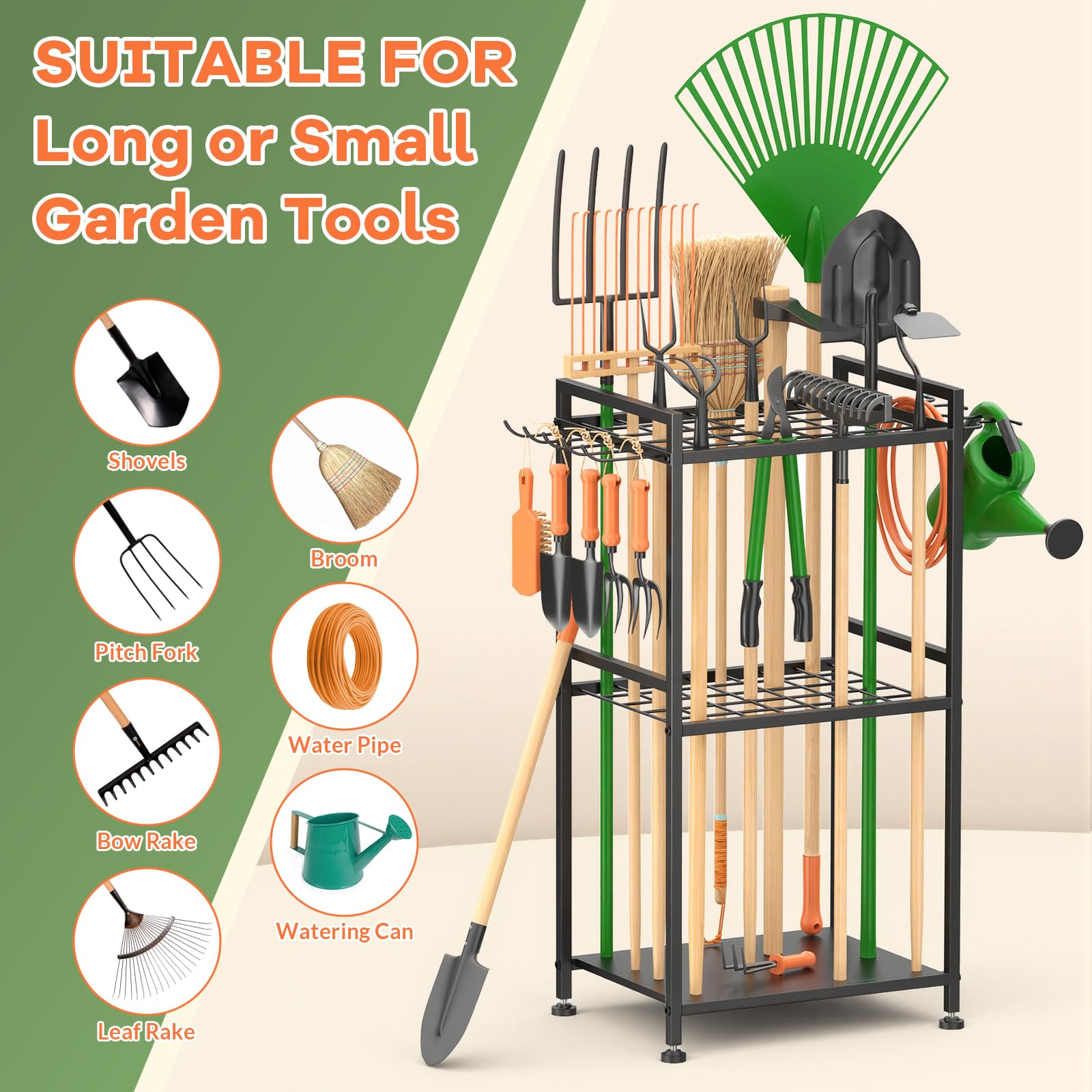 WELDUN Organizer da giardino per garage, supporto per 40 attrezzi a manico lungo, gestione del garage con ganci per capannone, scopa, rastrello, pala, tubo da giardino