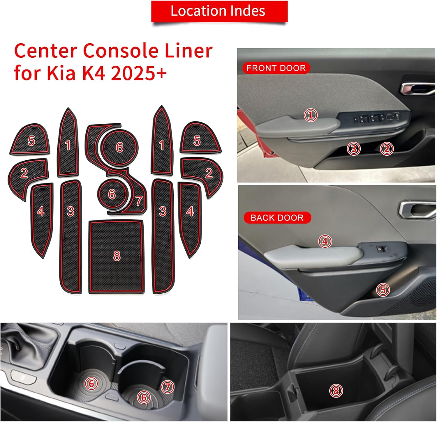 smabee 14PCS Center Console Liner for Kia K4 2025 2026 Door Pocket Liners Mats for 2025 K4 Cup Holders Inserts Anti-Dust Mats Interior Accessories (Red)