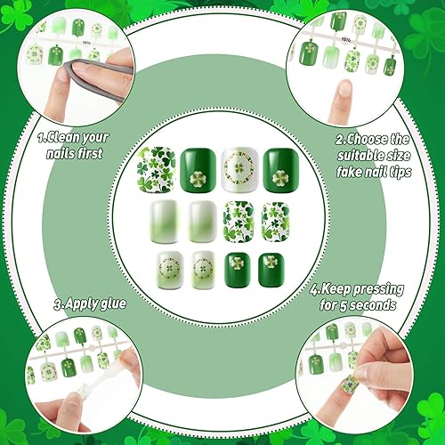 Miniatura 7 de 384 piezas 16 unidades de uñas postizas cortas a presión del día de San Patricio, uñas postizas cuadradas verdes, uñas artificiales acrílicas de
