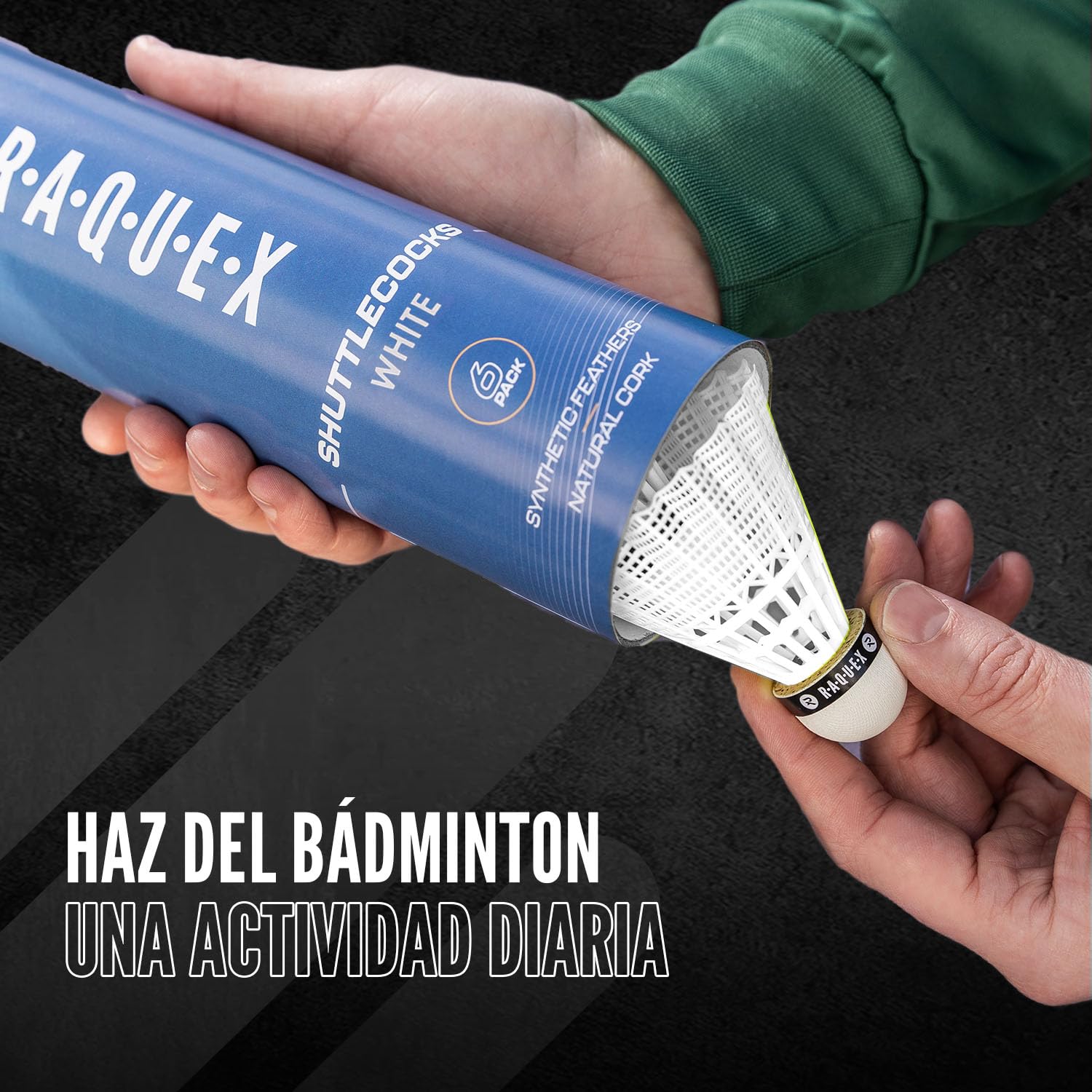 Raquex Volani da Badminton - Piume in Nylon, Tubo di 6 Volani con Testa in Sughero Naturale. Tre Opzioni di Velocità, Volani Bianchi o Gialli. Per Giocare al Coperto o All'aperto