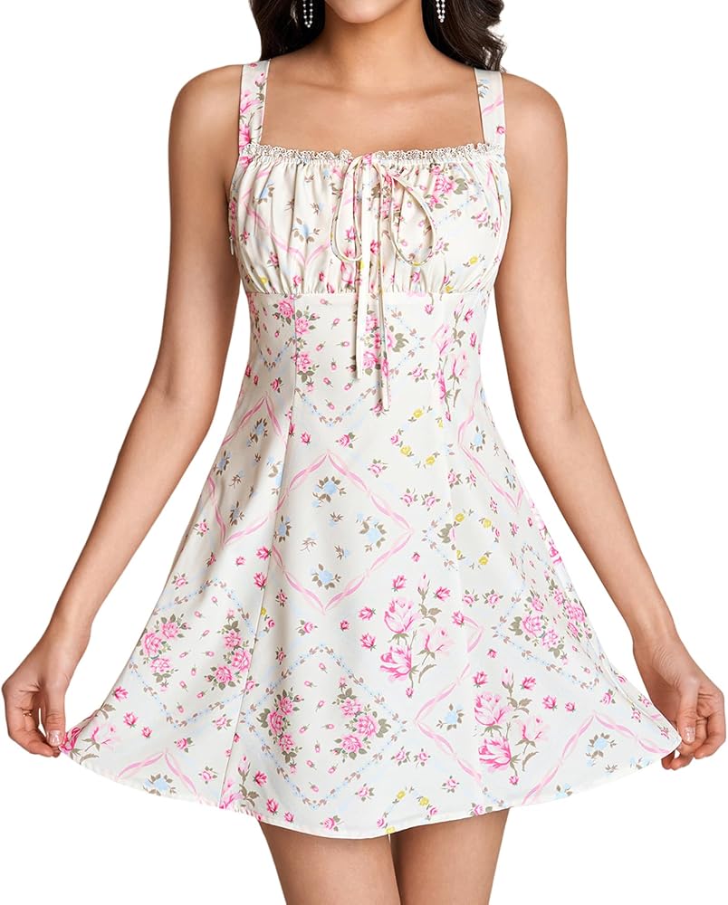 KUTUMAI Cute Lace Mini Dress Floral Tie Smocked Short Graduation Dresses for Women Sundress 2026 Summer PinkGinghamF XS at Amazon Women's Clothing store