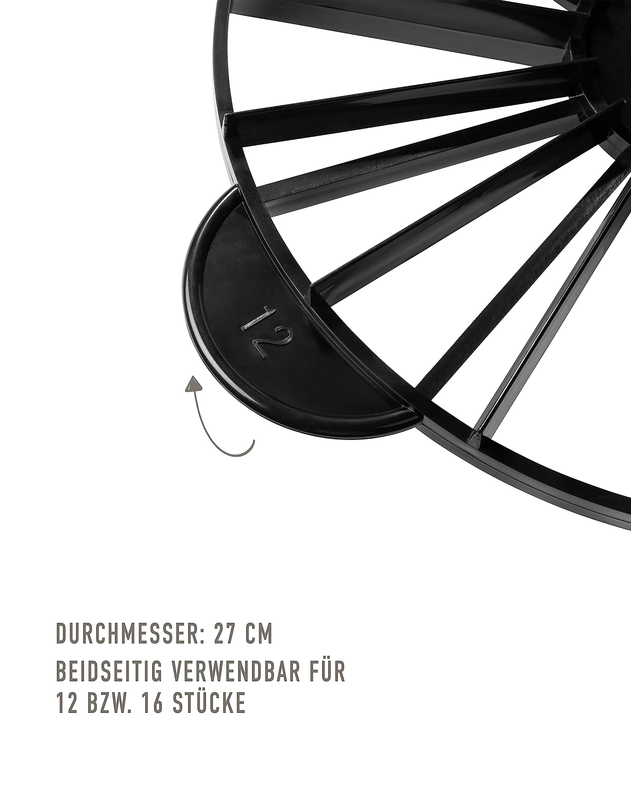 Sallys Torteneinteiler - 12/16 Stücke - ⌀ 27 cm - schwarz, beidseitig wendbar und aus hochwertigem Kunststoff, Tortenbodenschneider, Kuchengitter, Backutensilien