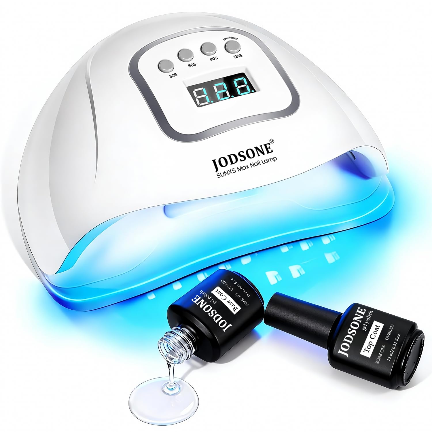 JODSONE U V LED Nail Lamp with Base Coat Top Coat Set, Nail Dryer for Gel Polish for Nails with Automatic Sensor &amp; 4 Timers