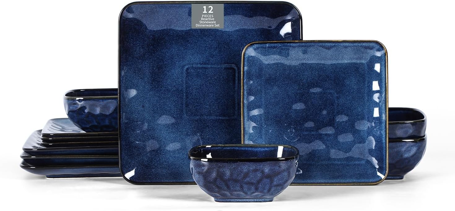vicrays Ceramic Square 12 Pieces Dinnerware Set - Dinner Plates Salad Plates Cereal Bowls Set Service for 4 - Scratch Resistant Microwave Oven Dishwasher Safe - Blue