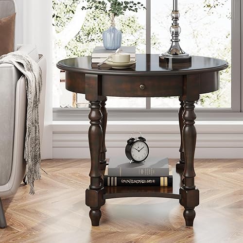 Miniatura 4 de LEEMTORIG Oval Round End Table with Drawer, 2-Tier Solid Wood End Tables, Victorian Antique Nightstand Bedside Table for Bedroom Office Living Room,