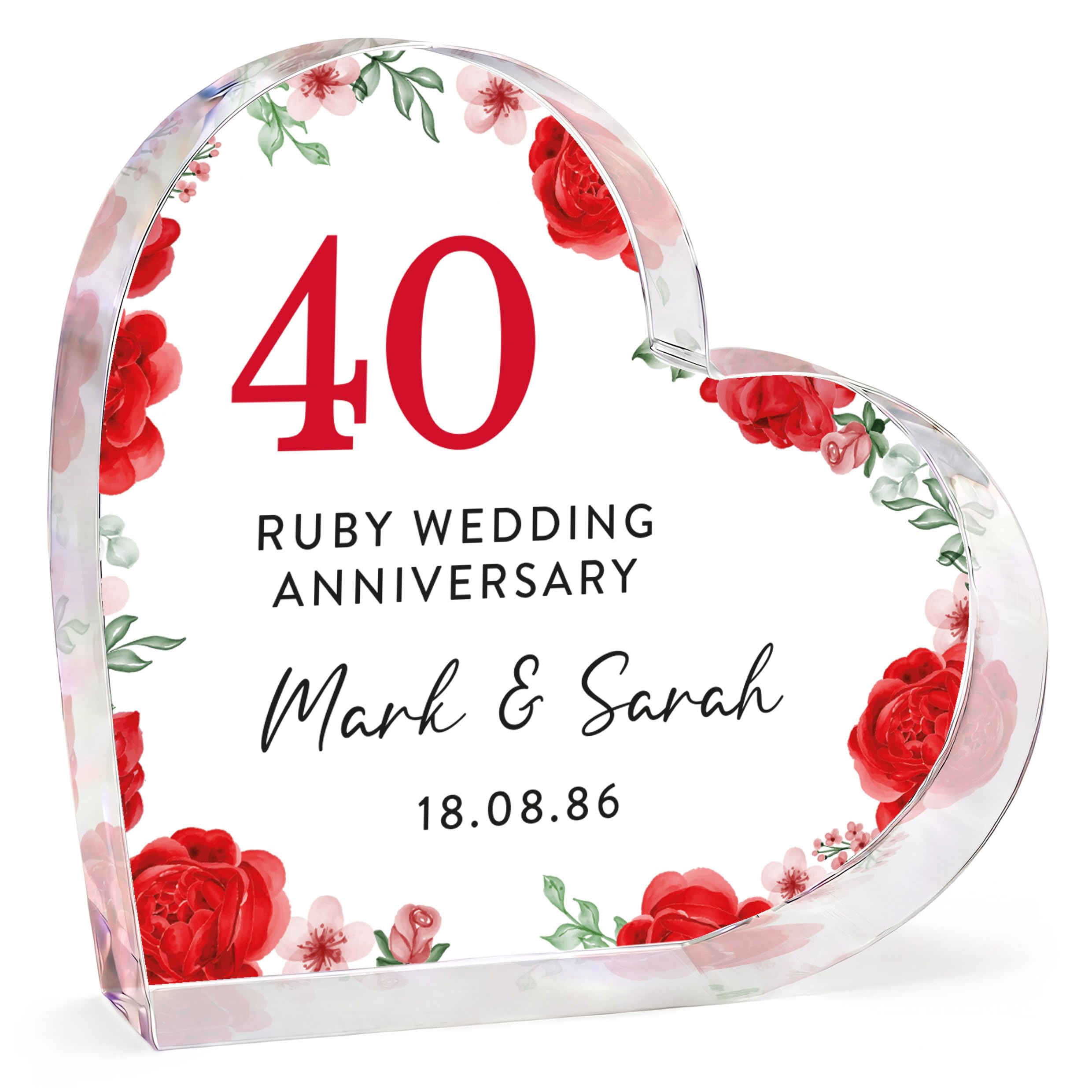 Beecreative Ruby Wedding for Couples. Personalised 40th Wedding Anniversary Presents. Clear Heart Ornament with Gift Bag