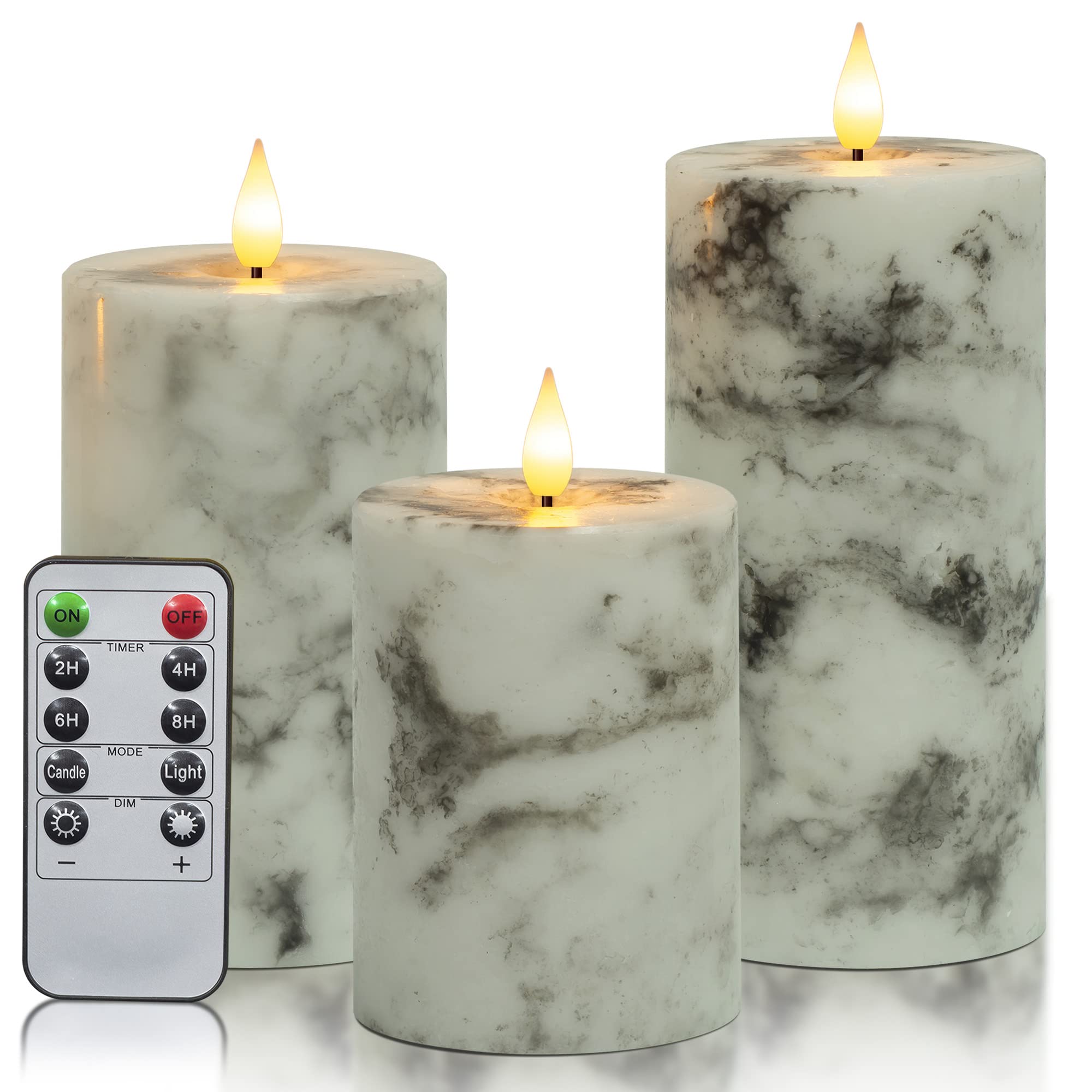 Flameless Candles Marble Handmade Battery Operated Pillar Real Wax LED Electric Candles 3D Wick Flickering with 10-Key Remote for Home Wedding Birthday Decoration D 3" H 4" 5" 6"(Set of 3)