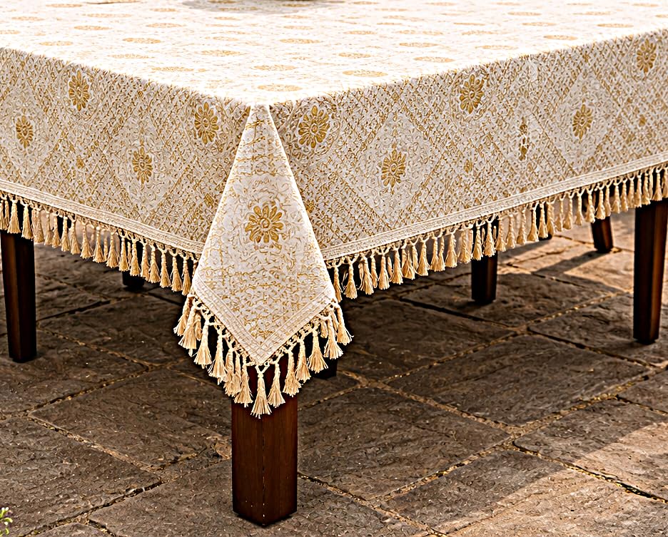 Image of Foil Print Table Cover 46x60 Inch (1 Pc) | Gold Printed Decorative Tablecloth for Center Table, Coffee Table & Dining Table (Off White- Golden)