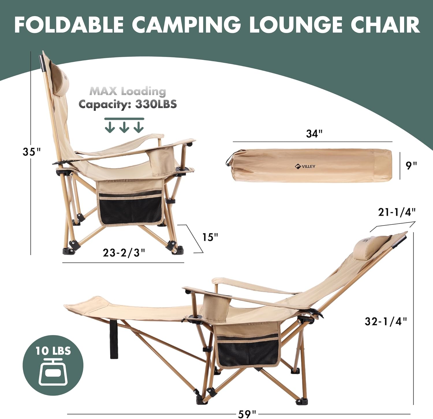 VILLEY Reclining Camping Lounge Chair Adjustable Foldable Chair for Adults with Removable Footrest, Headrest & Storage Bag Supports Up to 330 LBS Beige