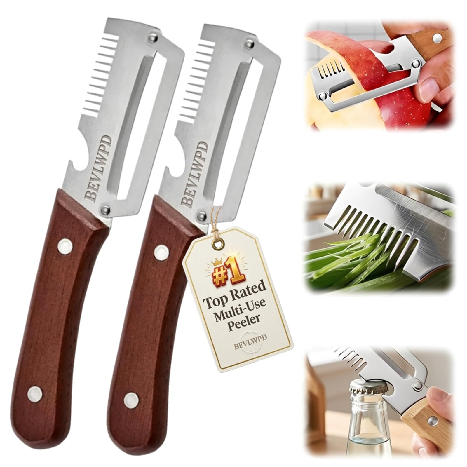 3-in-1 Scallion Shredder & Peeler Kitchen Multi-function Stainless Steel Thickened Fruit Peeling Knife Vegetable Wooden Handled Cutter Tool Zero Flex