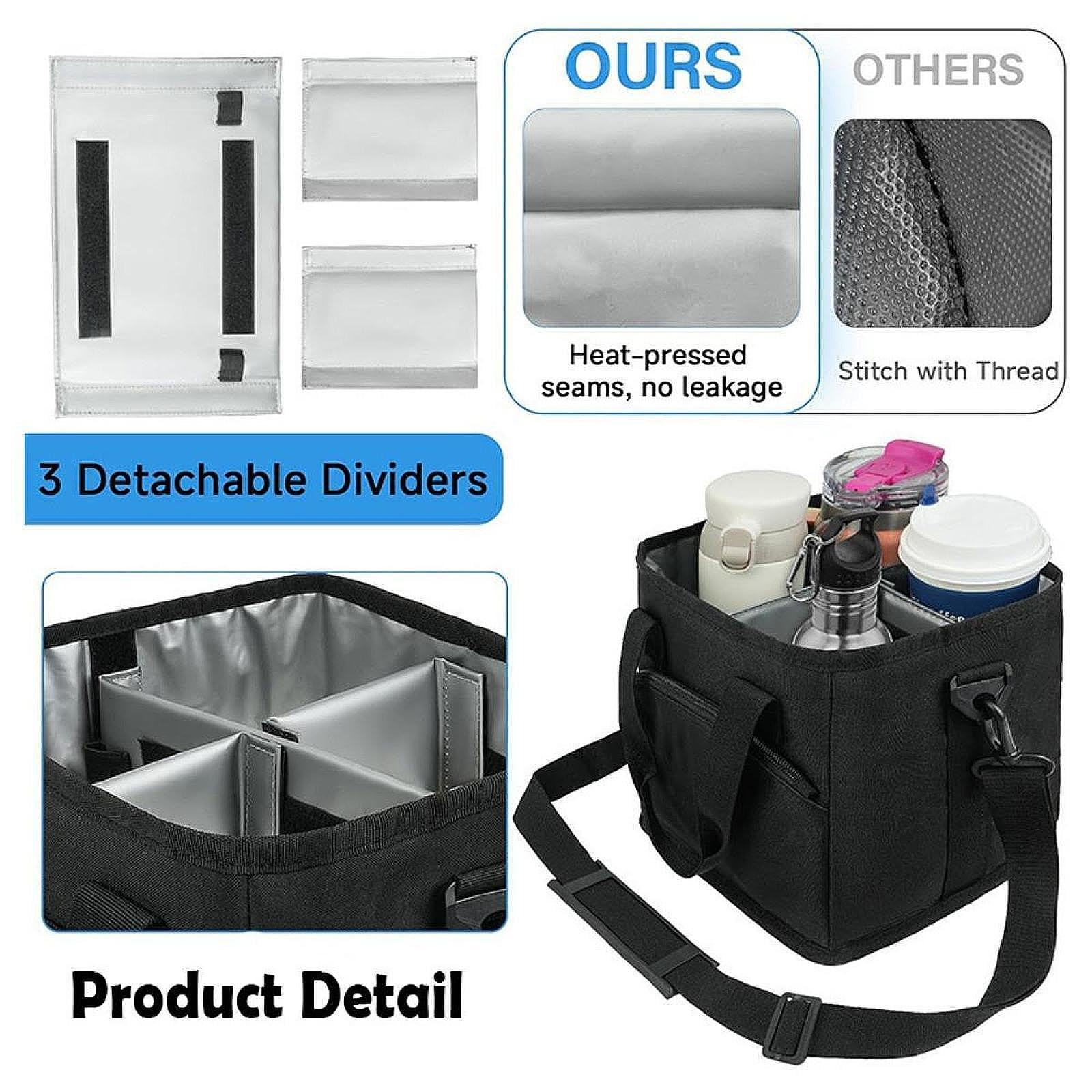 Amagogo Borsa Termica Isolante per Bevande con Portabottiglie, Idrorepellente, con Tasca Frontale E 4 Scomparti per Auto, Campeggio E Consegne, Nero