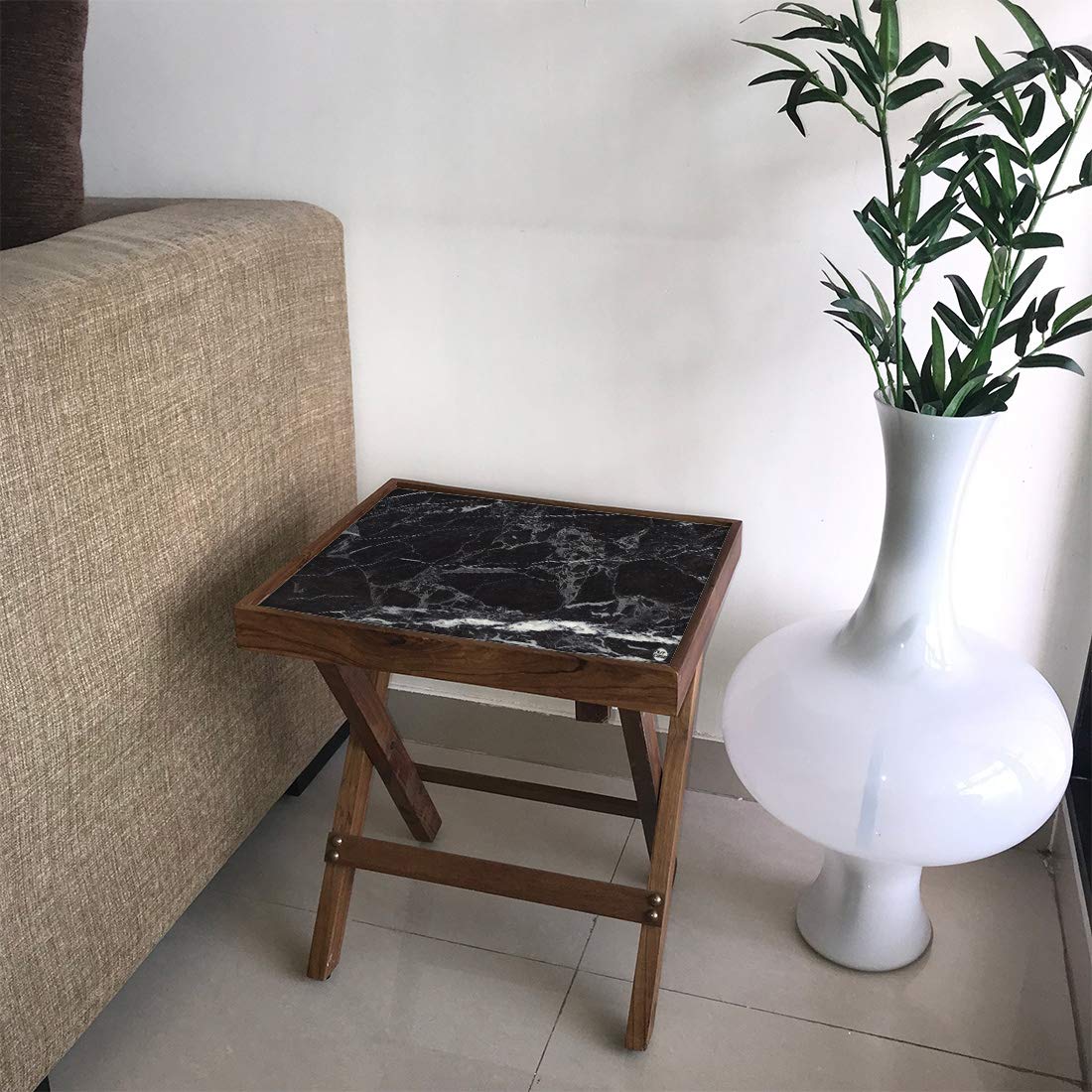 Nutcase Designer Teak Wood Side Table Folding Wooden Bedside Coffee Table - NOT Real Marble - Black Style-image-15
