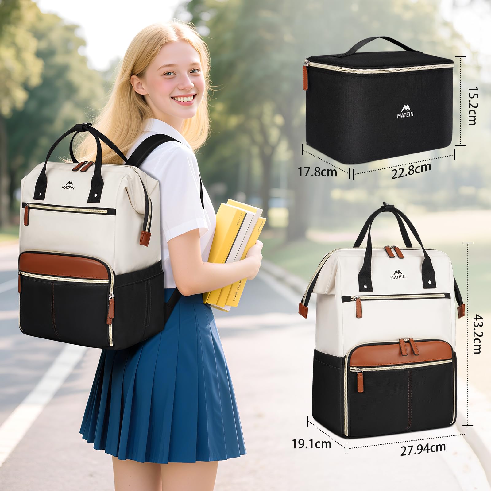 MATEIN Mochila Portatil 15.6 Mujer Set de 2 Piezas, Mochila Ordenador Portatil Impermeable con Bolsa de Almuerzo Termica y Extraíble Lunch Backpack para Universidad Escolares, Enfermeras y Profesoras