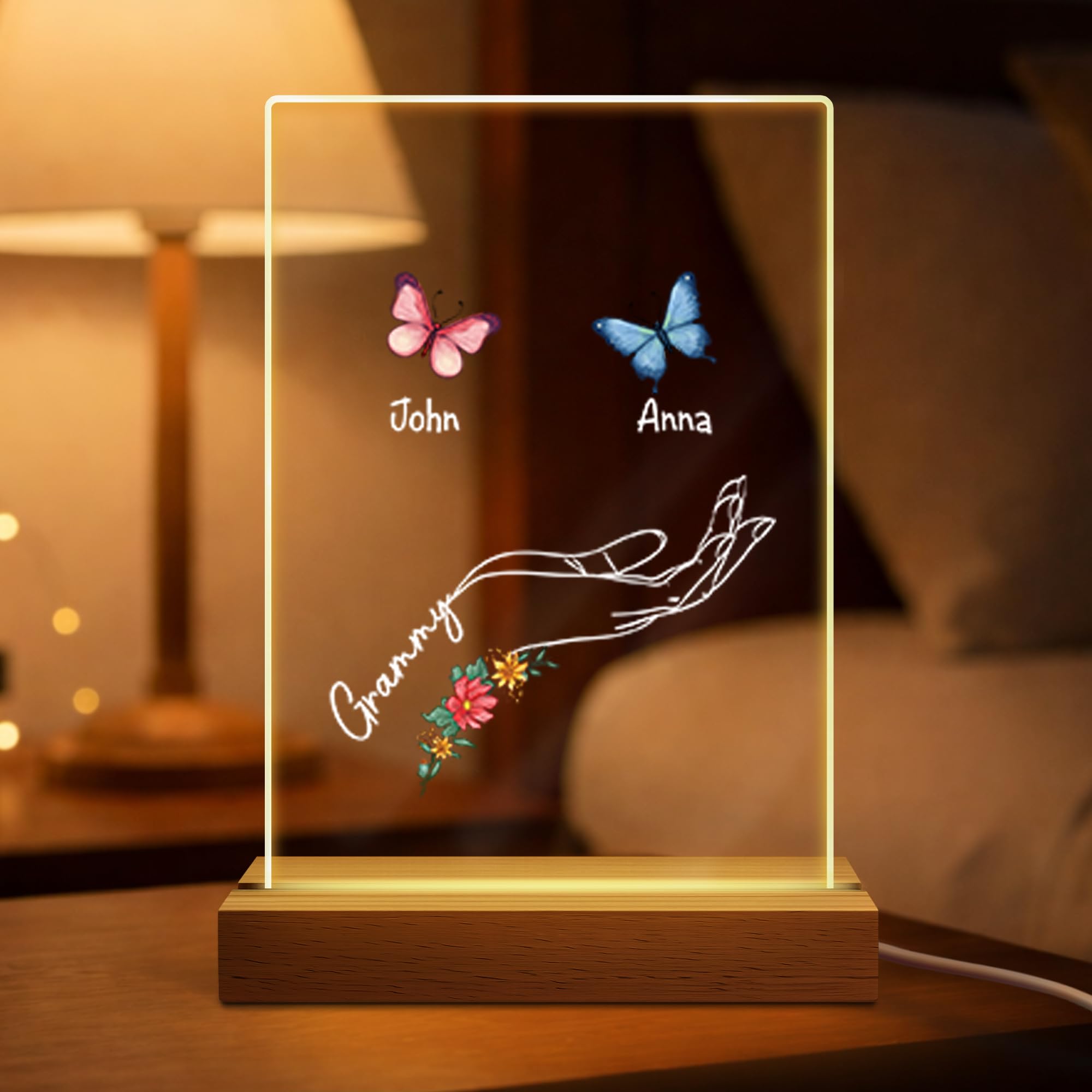 Personal Chic Custom Name Night Light -Acrylic Lamp with Butterfly, Personalised Mothers Day Gifts, Unique Personalised Gifts for Mum and Grandma (2 Kids)