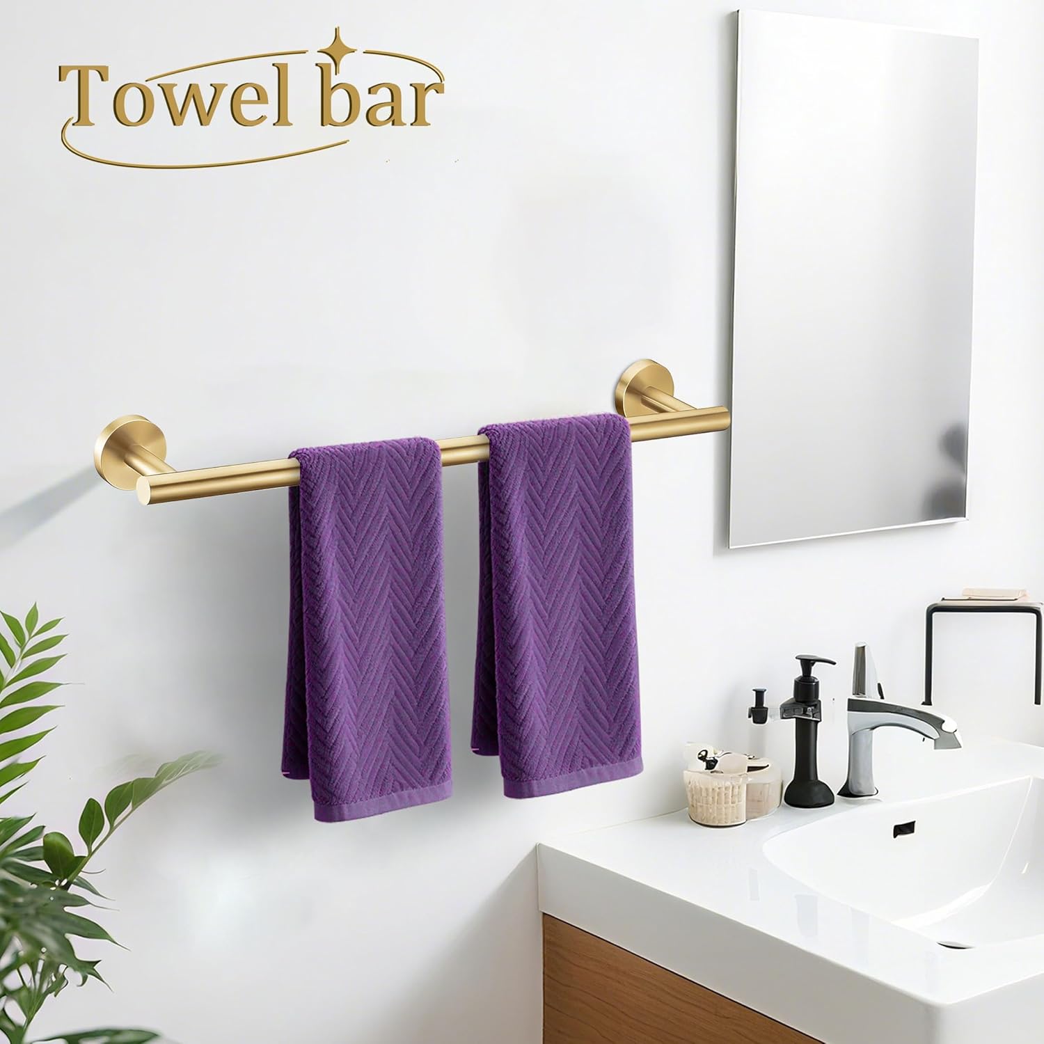 6 Pieces Brushed Gold Bathroom Hardware Accessories Set Hand Towel Ring 16&23.6 inch Round Towel Bar Toilet Paper Holder Towel Hooks 2 Pieces SUS 304 Stainless Steel,Heavy Duty,Wall Mounted