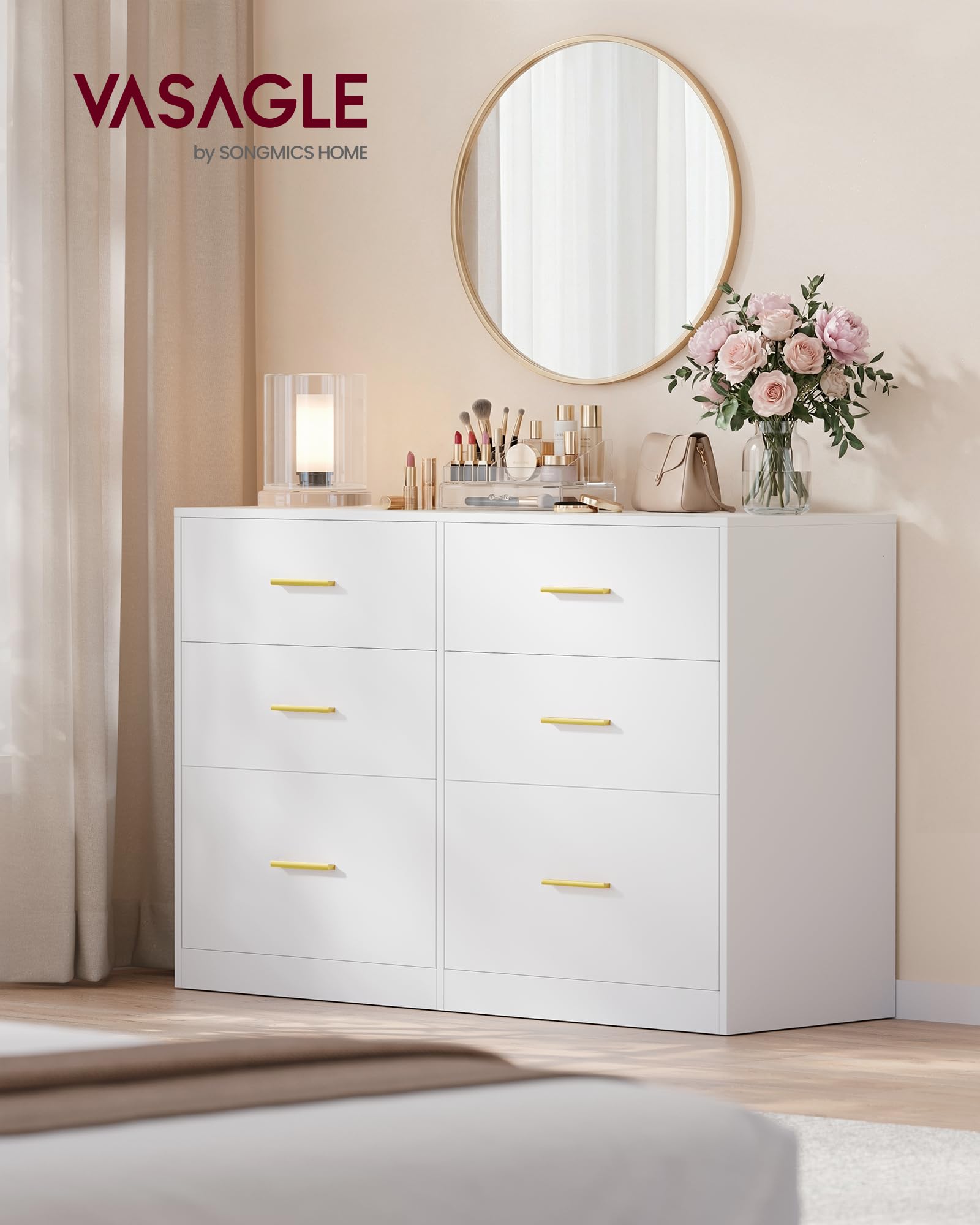 VASAGLE Custos Colección - Cómoda para Dormitorio, Mueble Almacenaje con Cajones, Soporte Moderno para TV de Salón, 6 Cajones, 40 x 119 x 78 cm, Blanco Nube LTS416WB01