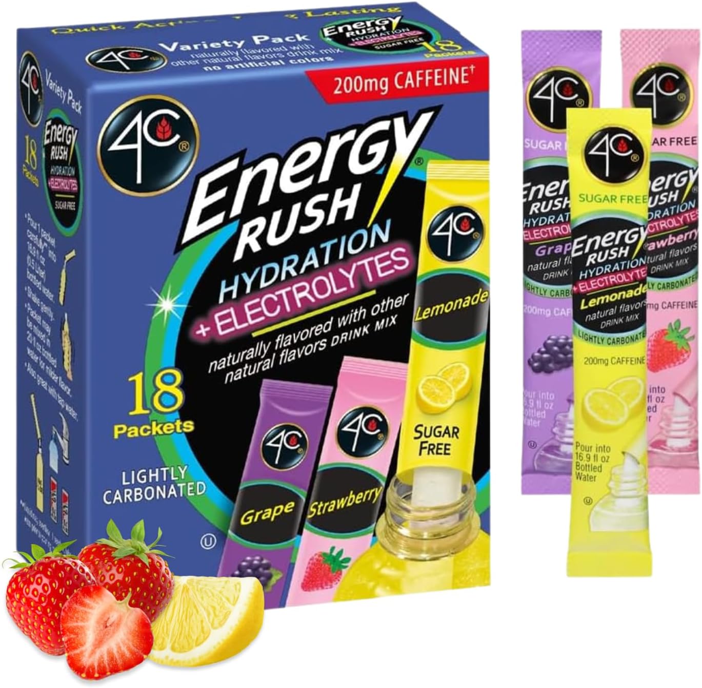 Energy Rush PSD with Electrolytes 18ct Variety Pack Stix (Lemonade/Strawberry/Grape - 6 of each stix)