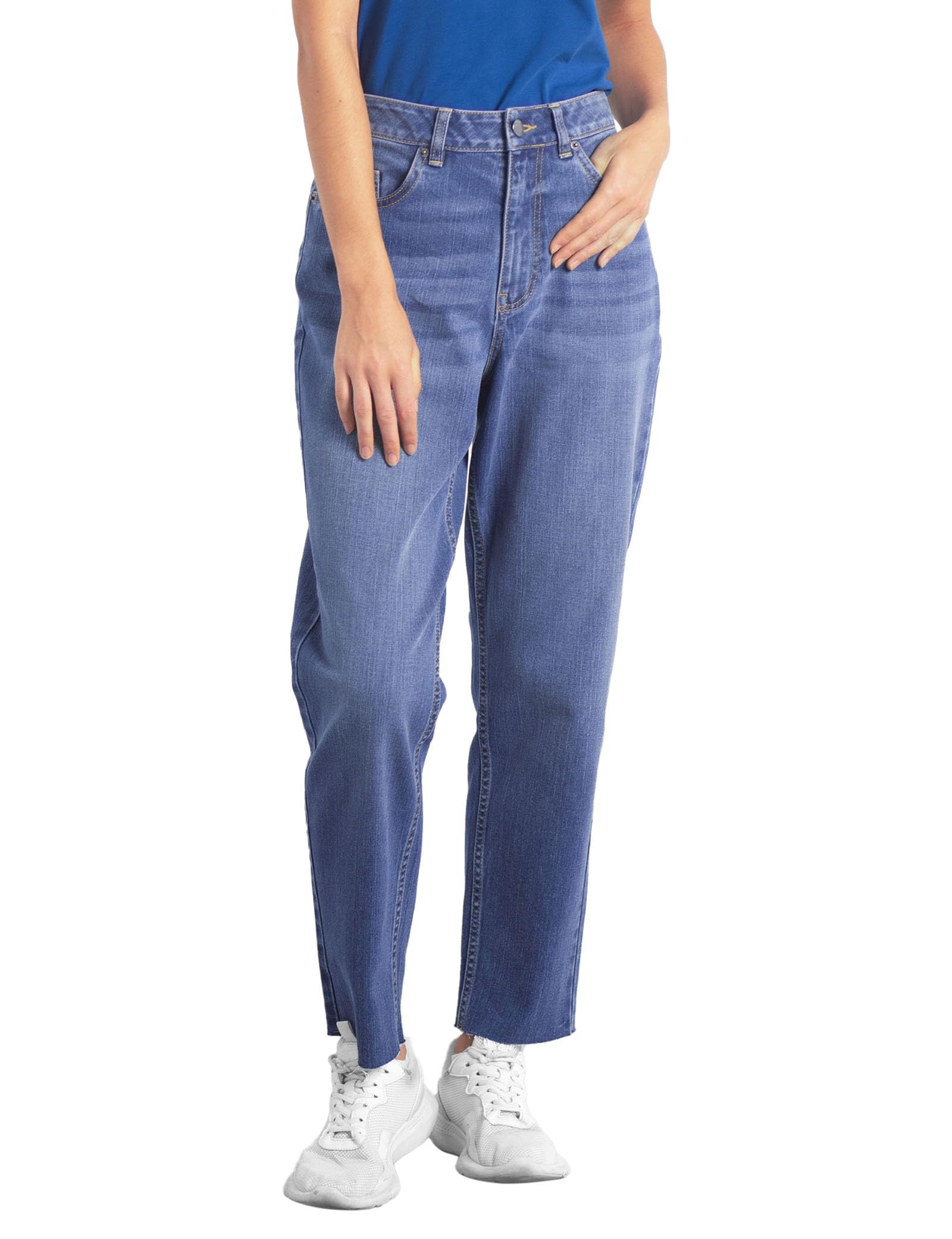 Enorsia Women's Blue Mom Fit Raw Edge Jeans - Uk 12