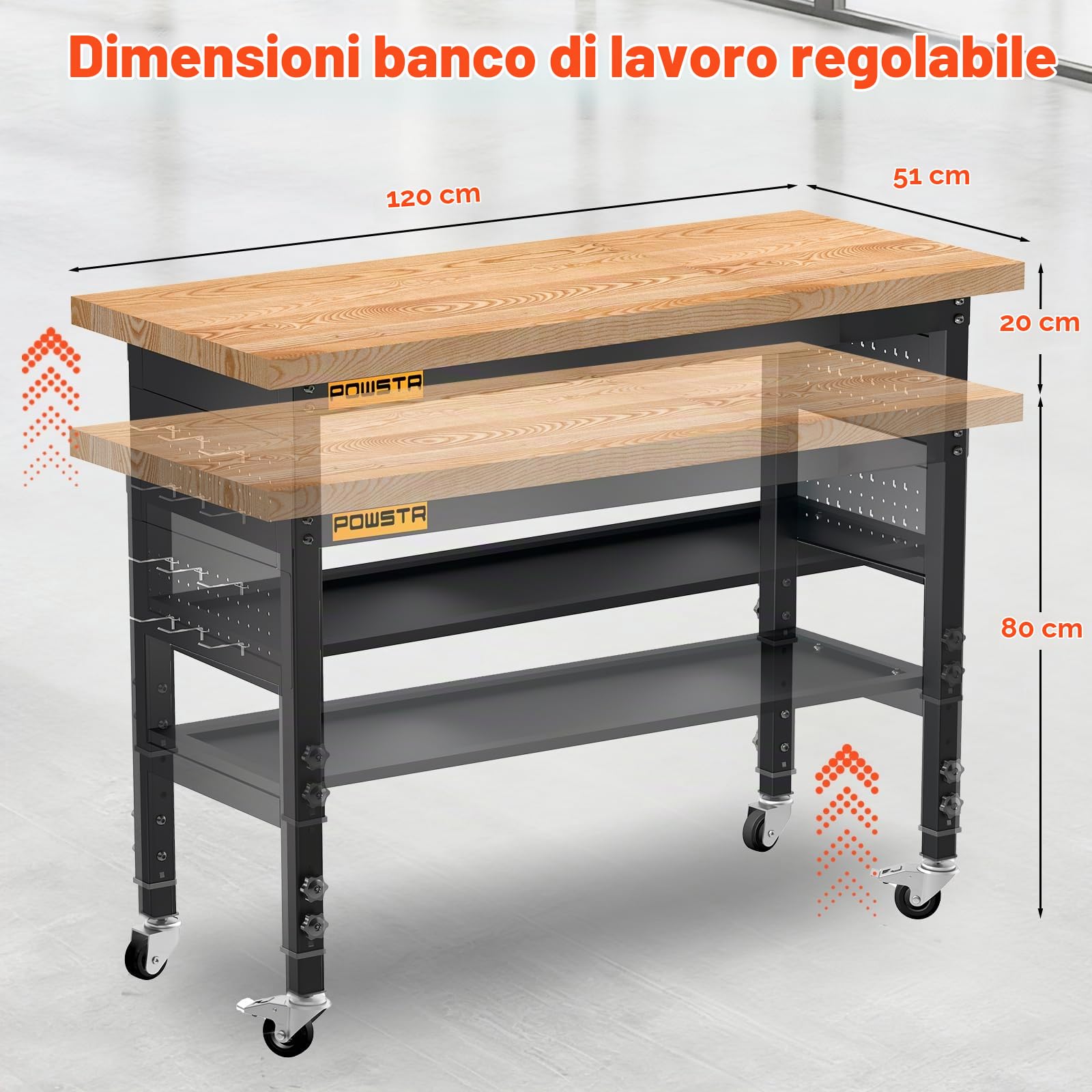 Banco da lavoro da 120 cm, tavolo da lavoro a 2 ripiani, portata 900 kg | 5 altezze regolabili, con pannello forato, ruote girevoli e 6 ganci per garage/officina/ufficio/casa/uso commerciale