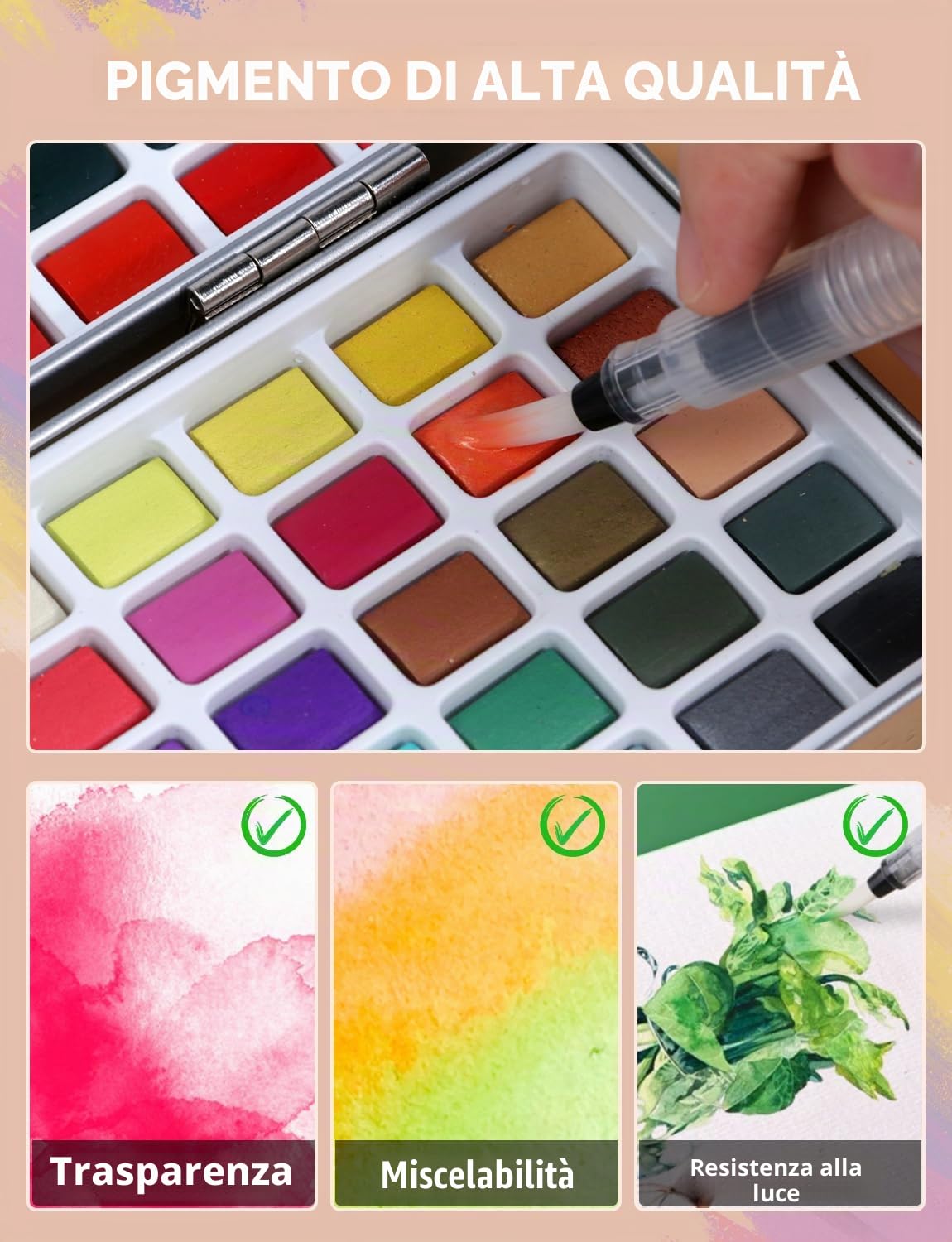Nicpro Set Acquerelli 100 Colori, colori acquerello Include Macaron Metallizzato e Fluorescente 8 Pennelli 25 Carte per Acquerelli e Tavolozza, acquerello per Principianti Adulti con Scatola Portatile