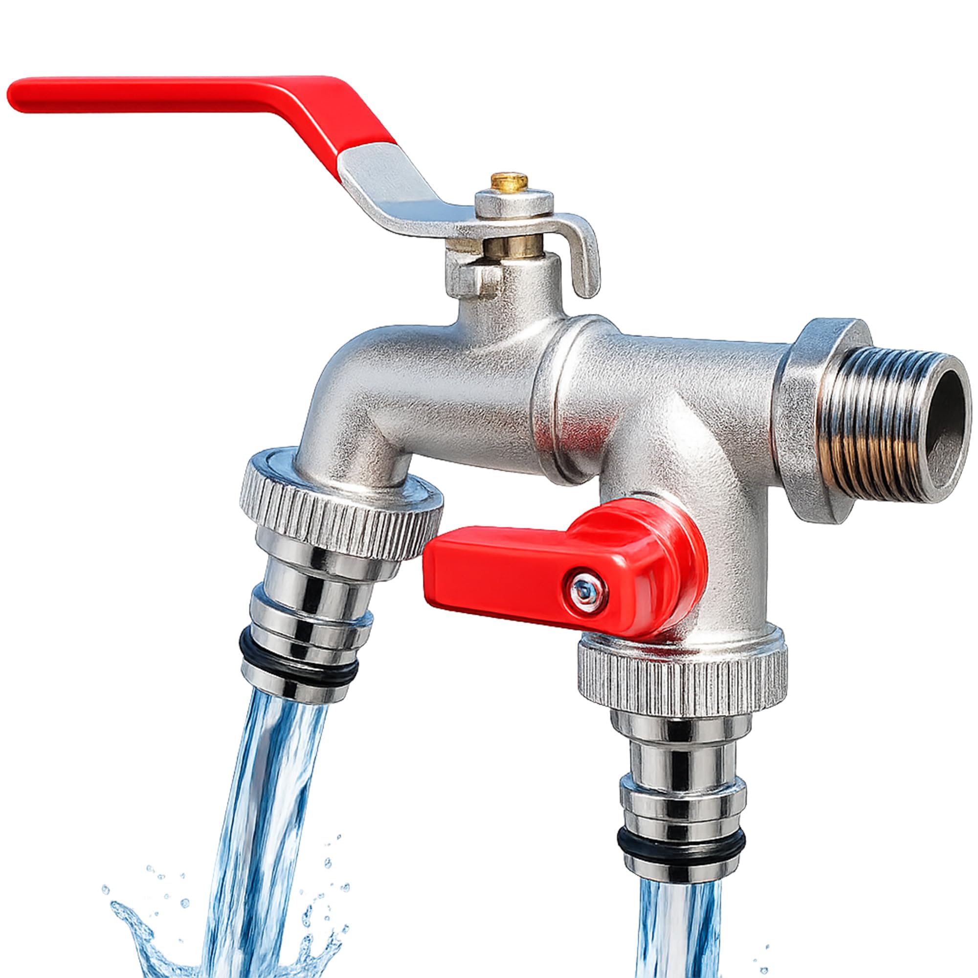 PANCA 1/2 Inch Dual Outlet Garden Faucet Splitter | Heavy Duty Zinc Alloy Double Valve Tap with Individual Control | Brushed Metal Outdoor Water Tap for Efficient Garden Watering (Silver)-image-49
