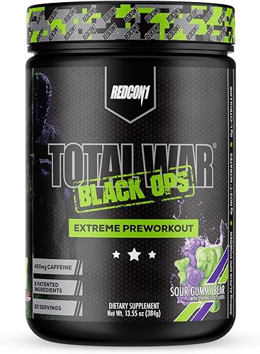 REDCON1 Total War Black Ops - Polvo de preentrenamiento extremo, osito de goma agria, alto estimulante, 400 mg de cafeína, nitratos NO3-T +