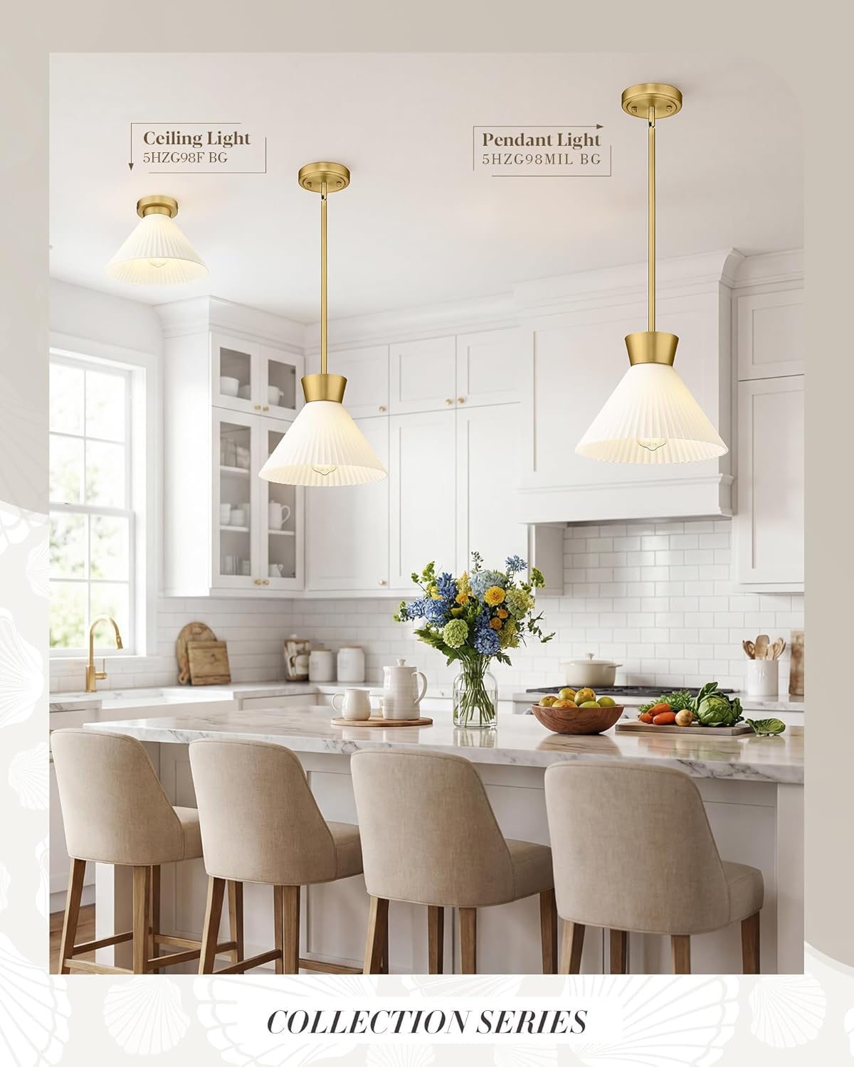 Gold Semi Flush Mount Ceiling Light, HWH 11 Inch Ceiling Light Fixture for Kitchen, Glass Ceiling Lights with Brushed Gold Finish, Frosted Milk White Striped Glass, 5HZG98F BG