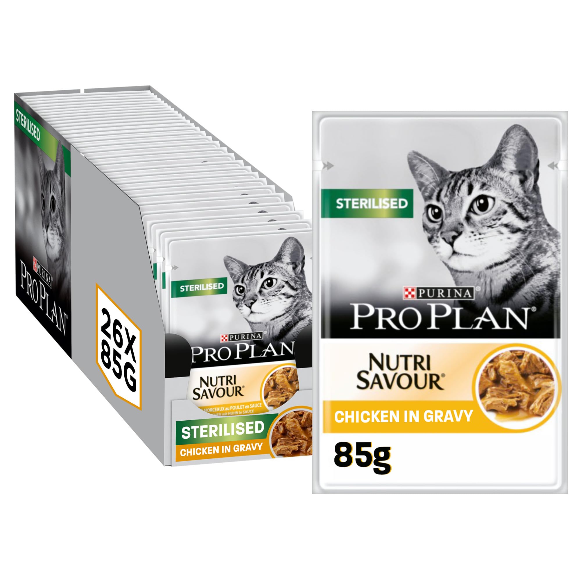 Sterilised Adult Wet Cat Food, Chicken in Gravy, 85g (26 pouches)