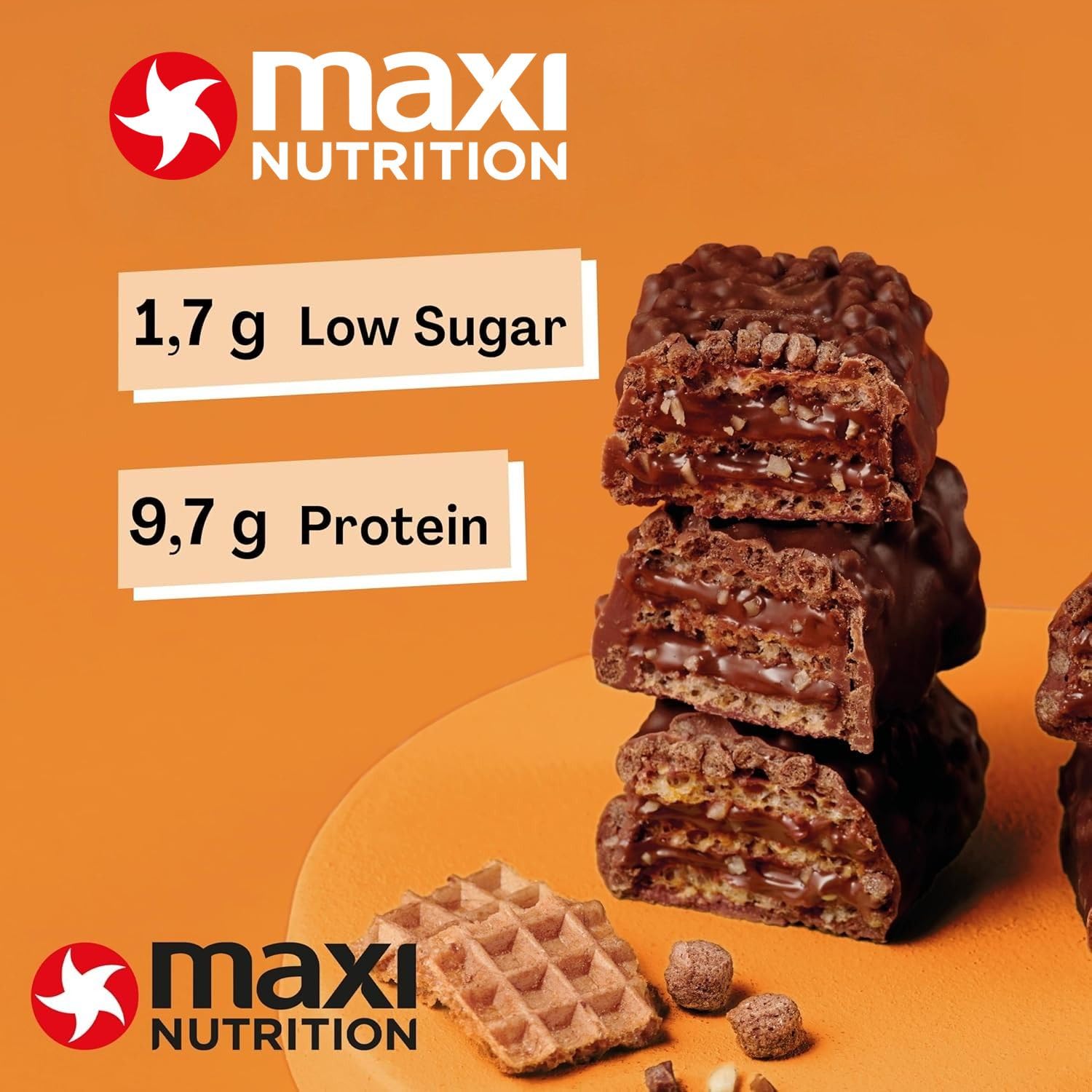 MaxiNutrition Hazelnut Spread - Gofre de proteínas, 25% de proteínas, 202 kcal, (12 barras de proteínas x 39 g), sin azúcar añadido (Crema de avellana)