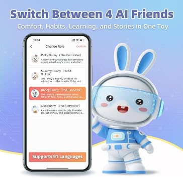 alilo AI Toys for Kids, Smart Companion with Real-Time Voice, 4 Agents & 91 Languages, Preloaded 48 Bunny English/50 Stories/66 Music/28 Lullabies/34 Classical Tunes, Bluetooth Speaker