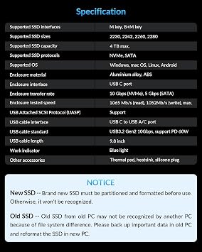 NVME Enclosure [Tool-Free] SETMSPACE M.2 Enclosure with Dual Protocol of NVME&SATA , USB C/A 10 Gbps USB 3.2 Gen2 SSD Adapter, SSD Enclosure for M.2 B&M-Key/M-Key 2230/2242/2260/2280 SSDs- Grey Caddy