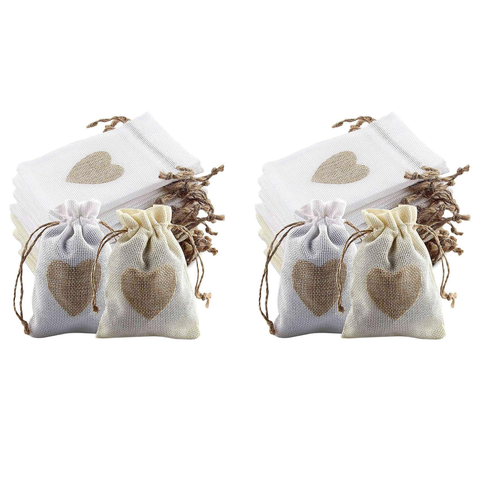 Hndhbfgrt 48Pcs Burlap Pouches with Drawstring and Heart Pattern Candy Gift Bag Jute Pouch Baptism Bag Wedding for Stuffing Bag