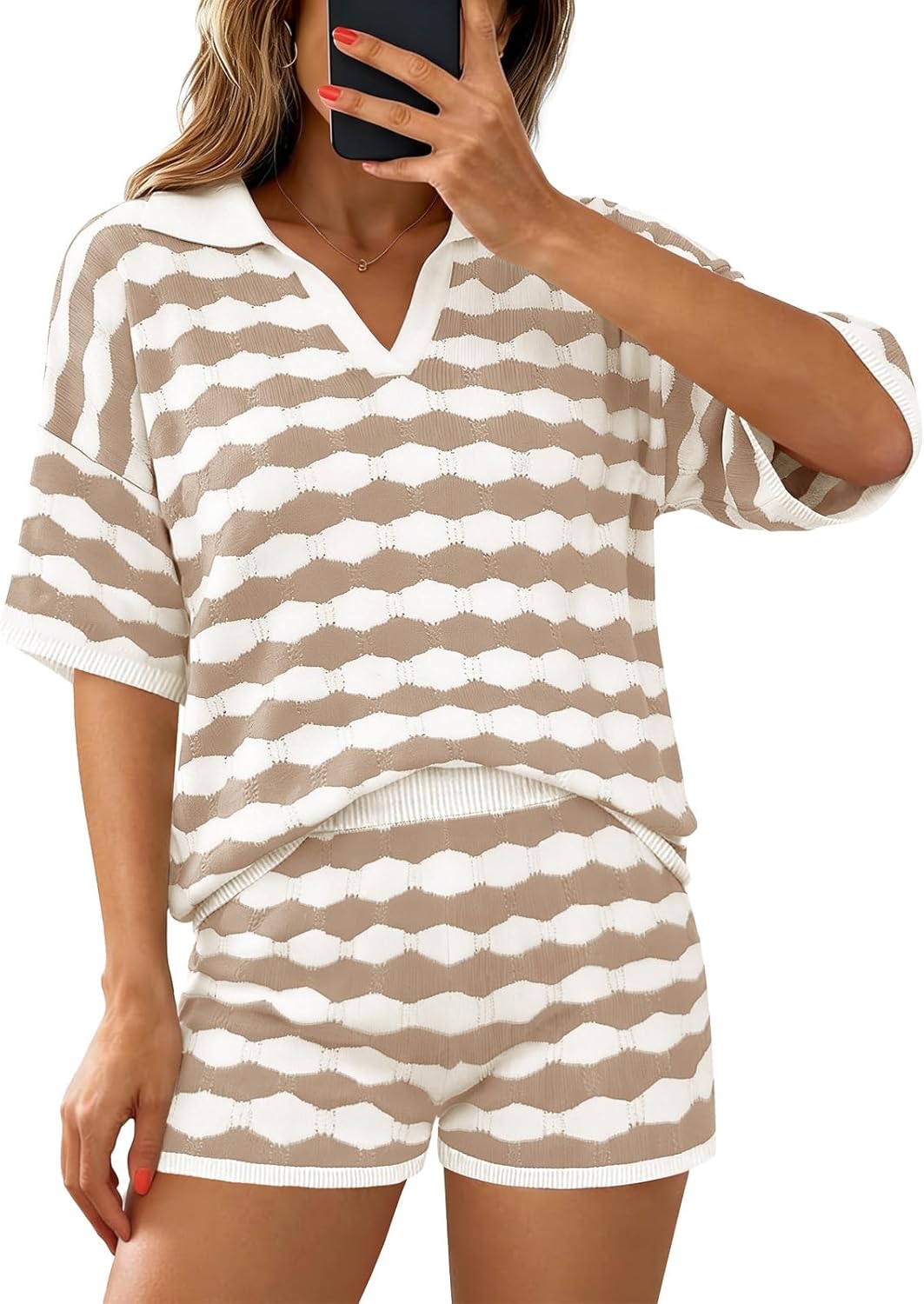 Yousify Womens Summer 2 Piece Sweater Sets Striped Knit Short Sleeve Collared V Neck Tops and Shorts Lounge Matching Set