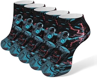 Blacklight Astronaut Ankle Socks 5-Pack, Breathable Casual Athletic Socks for Women Men, One Size 6-11