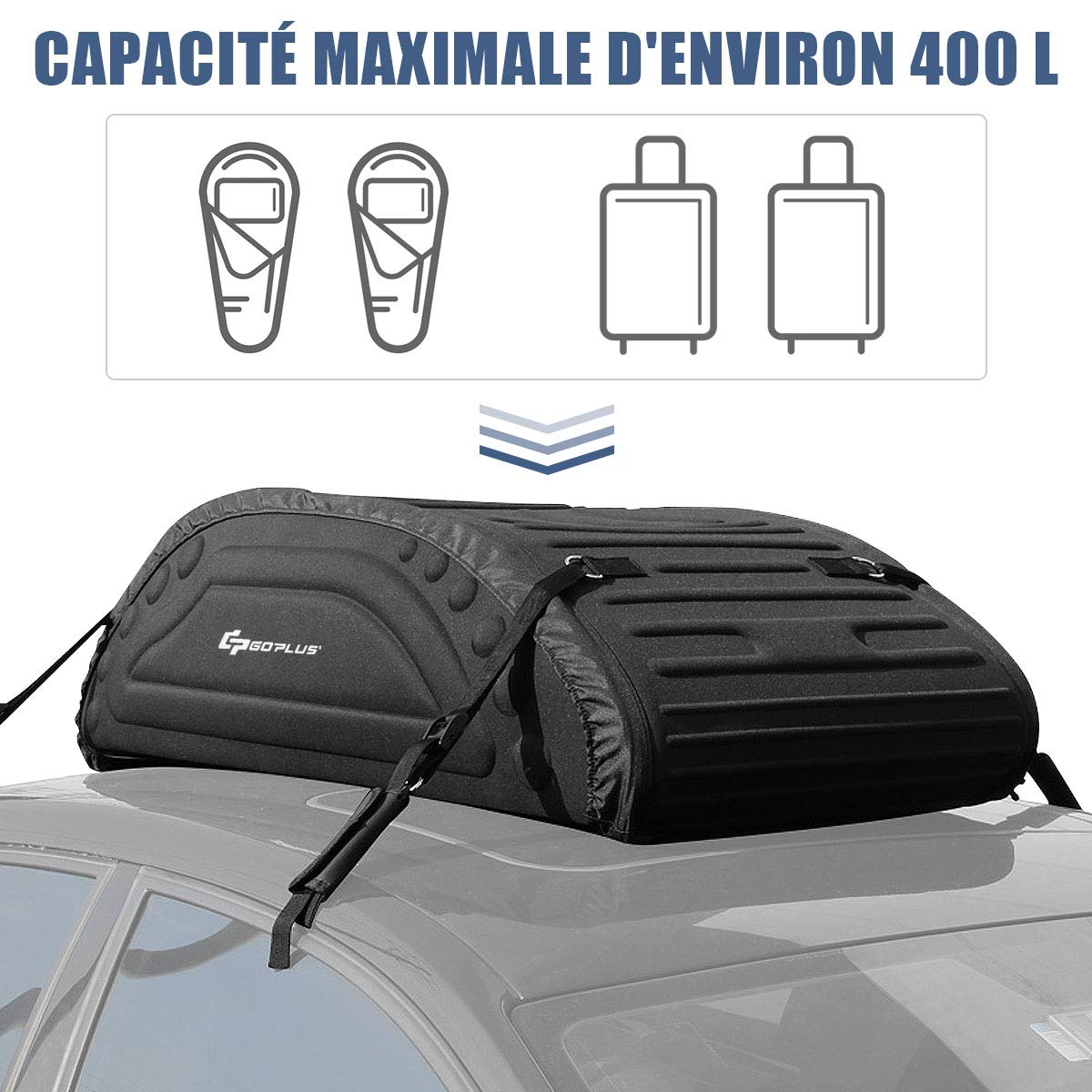 GOPLUS Coffre de Toit Voiture Pliable, 4 Cordons d’Attachement, Sac de Toit Voiture Utilisable avec ou sans Barre de Toit, Surface Imperméable, Charge 60KG, Sac de Transport, Sangle de Sécurité Dedans