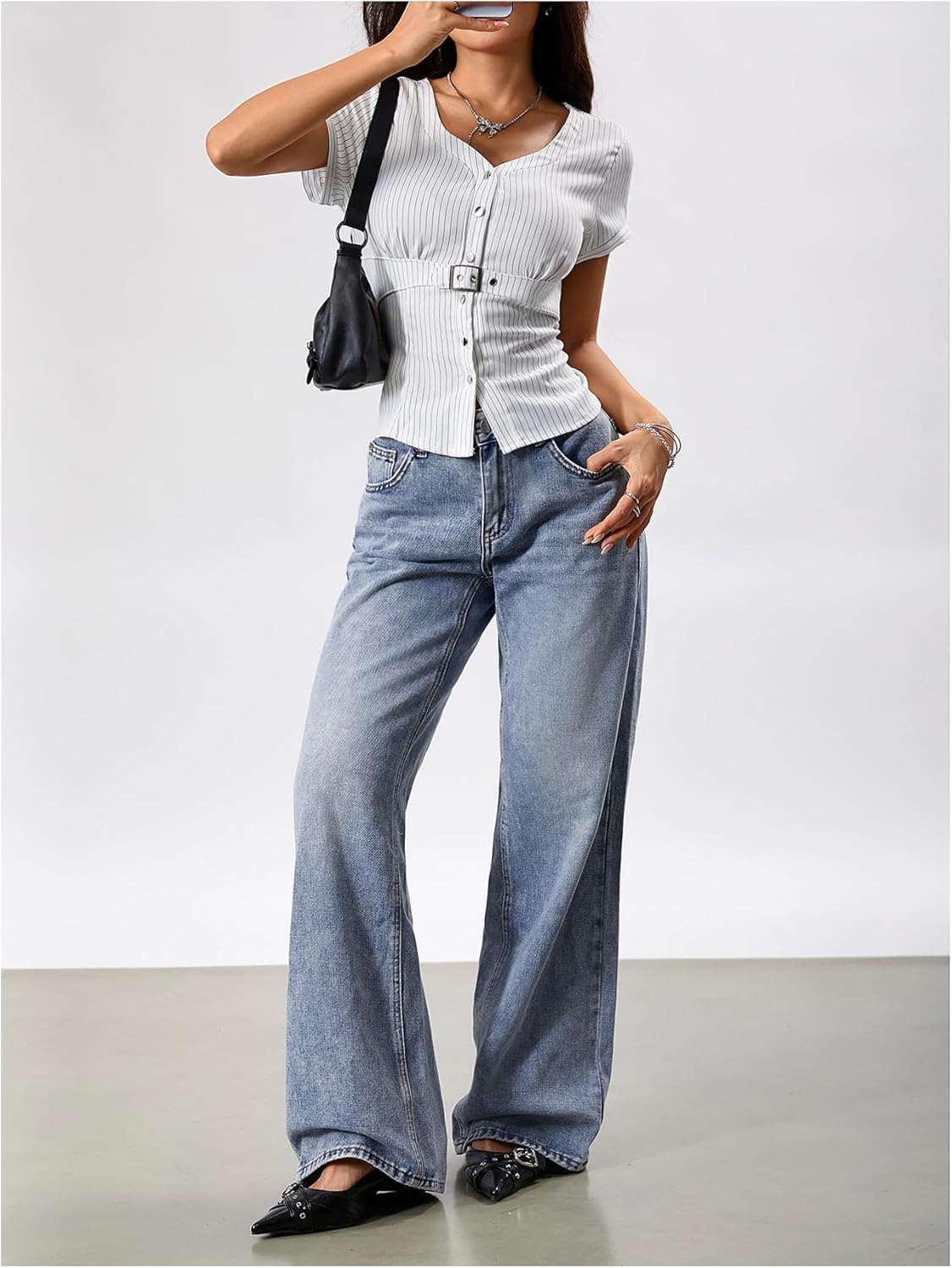 WDIRARA Women's Low Rise Baggy Jeans Y2k Loose Wide Leg Denim Pants - Image 5