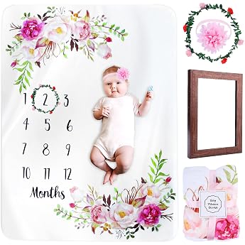 Nizirioo Milestone Blanket Baby Month Blanket Baby Blanket with Floral Pattern Monthly Blanket Baby Boy & Girl Baby Blanket with Month as Gift for Birth 130 x 100 cm