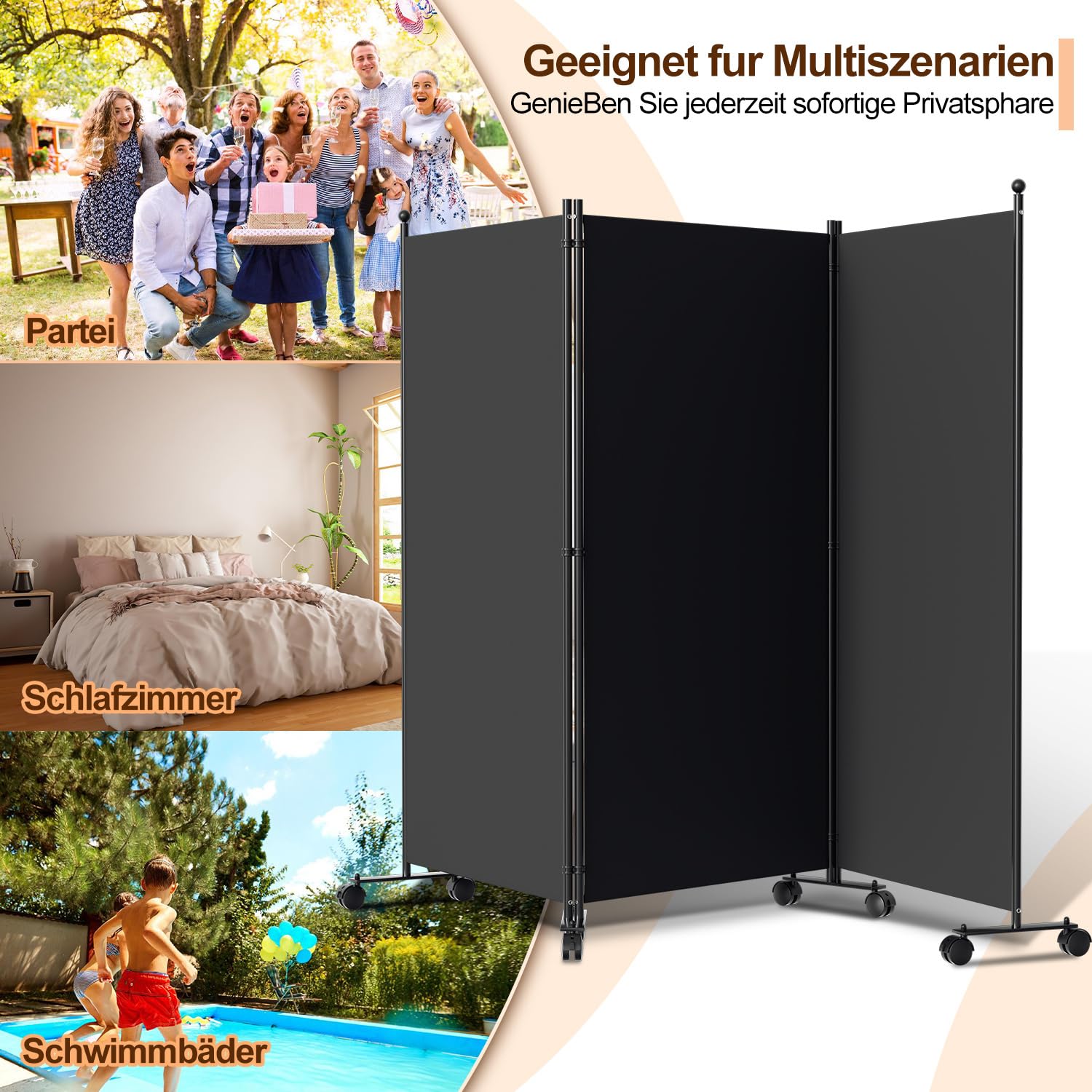 Paravent Raumteiler 3 Teilig klappbar, Klappbar Freistehend Trennwand auf Rollen,Umkleide Sichtschutz Wand Raumtrenner,Stellwand für Garten Büros Terrasse,263x181x30cm,Dunkelgrau