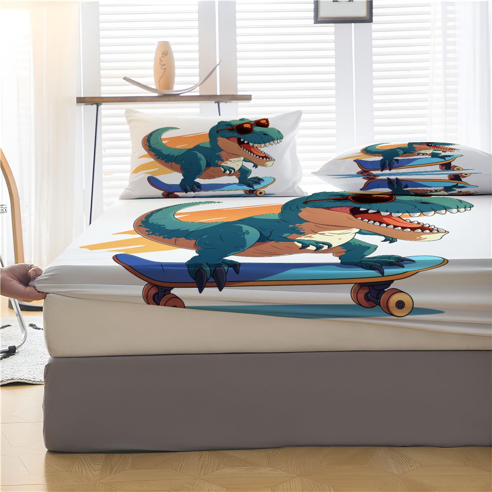 Lenzuola Letto Matrimoniale 140X200Cm Poster Di Dinosauri Lenzuolo Con Angoli In Microfibra - Profondità 30 Cm, 3D Stampa Animali Dei Cartoni Animati Coprimaterasso Traspirante E Lavabile Federe