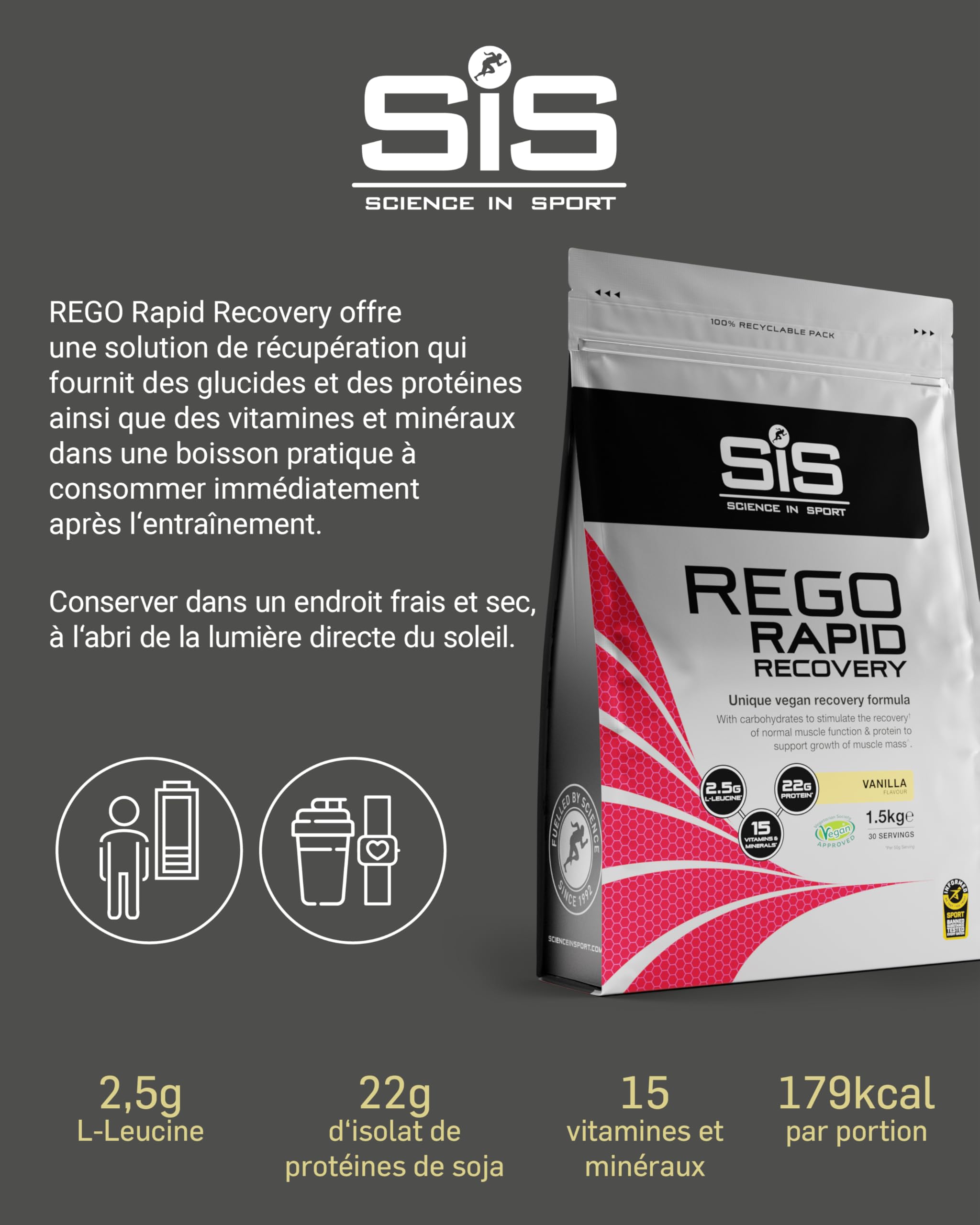 Science in Sport Rego Rapid Recovery Poudre 1,5kg Vanille Vegan - Poudre récupération avec glucides, protéines, électrolytes, vitamines et minéraux, soutient un entraînement efficace