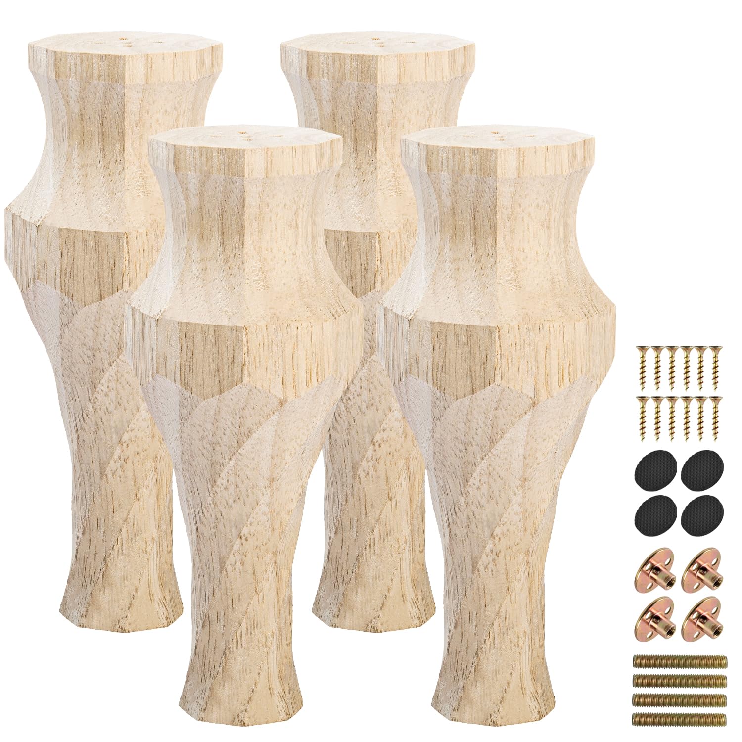 La Vane 5.5 inch / 13cm Wooden Furniture Legs, Set of 4 Solid Wood Carved Unfinished Spiral Fluted Country Replacement Spool Feet with Bolt & Mounting