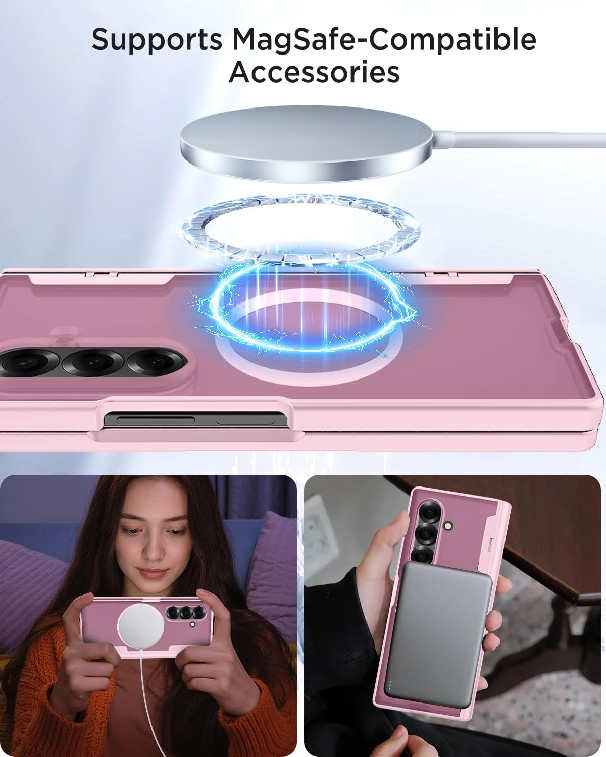 Miimall Case for Samsung Galaxy Z Fold7, Built-in Privacy Screen, Compatible with MagSafe, Full Hinge Protection, Matte Translucent Anti-Slip Rugged Z Fold 7 Case, Pink