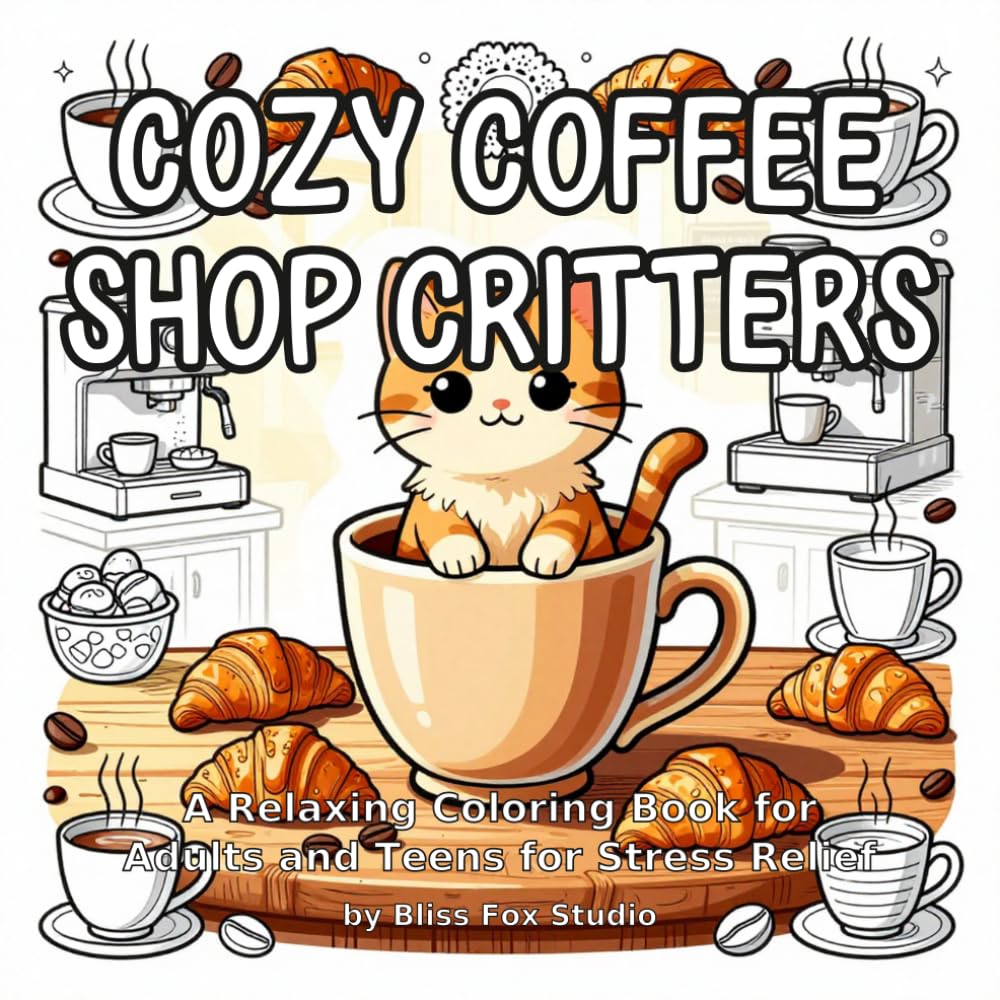 Cozy Coffee Shop Critters: A Relaxing Coloring Book for Adults and Teens for Stress Relief