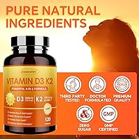 Vista 7 de ZEBORA Vitamina D3+K2-5000 UI Vitamina D3 + 100 mcg K2 MK-7 - Máxima absorción para huesos, dientes, corazón e inmune apoyo - Fácil de tragar, sin