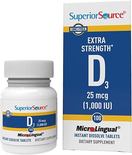 Superior Source Vitamina D3 1000 UI, bajo la lengua disuelve rápidamente las tabletas sublinguales, 100 unidades, promueve huesos y dientes fuertes,