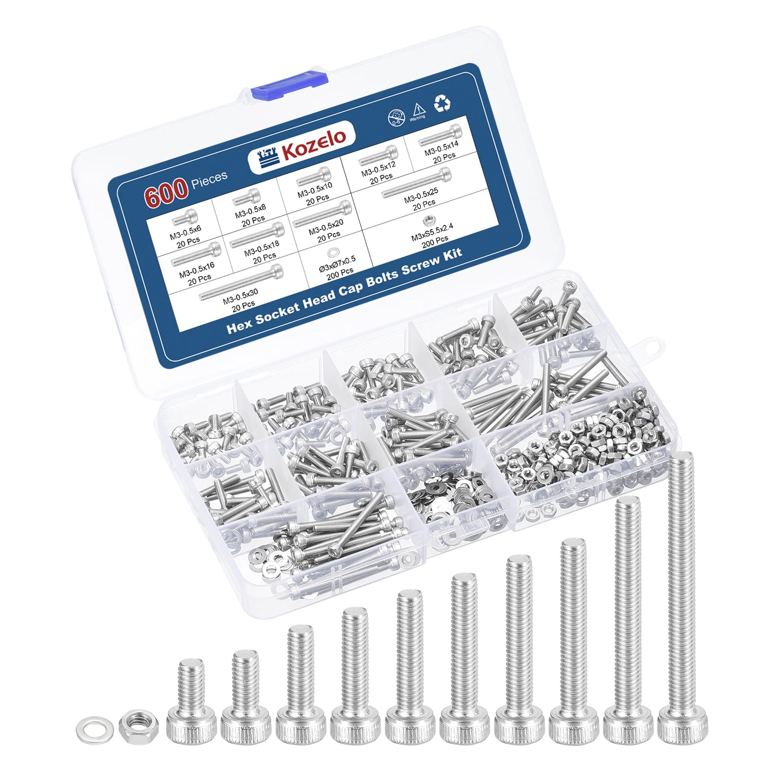 Kozelo 600pcs M3 Socket Head Cap Screws Bolts Nuts Assortment Kit