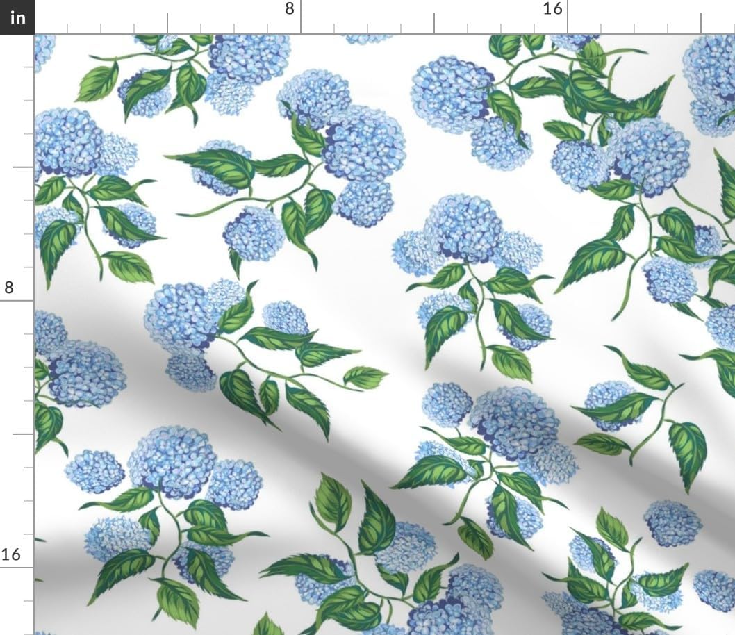 Spoonflower Fabric - Hydrangea Floral Blue Green Botanical Garden Bloom Meadow Hamptons Printed on Petal Cotton Fabric by The Yard - Sewing Quilting Apparel Crafts Decor