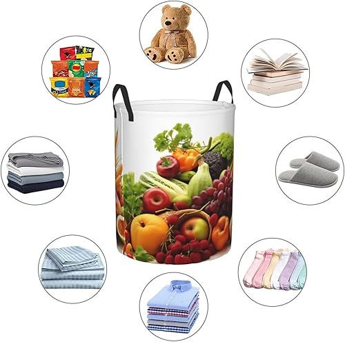 Miniatura 6 de Cesta circular con estampado de verduras y frutas, impermeable, cesta organizadora de ropa, con asas, para ropa, juguetes, tamaño mediano